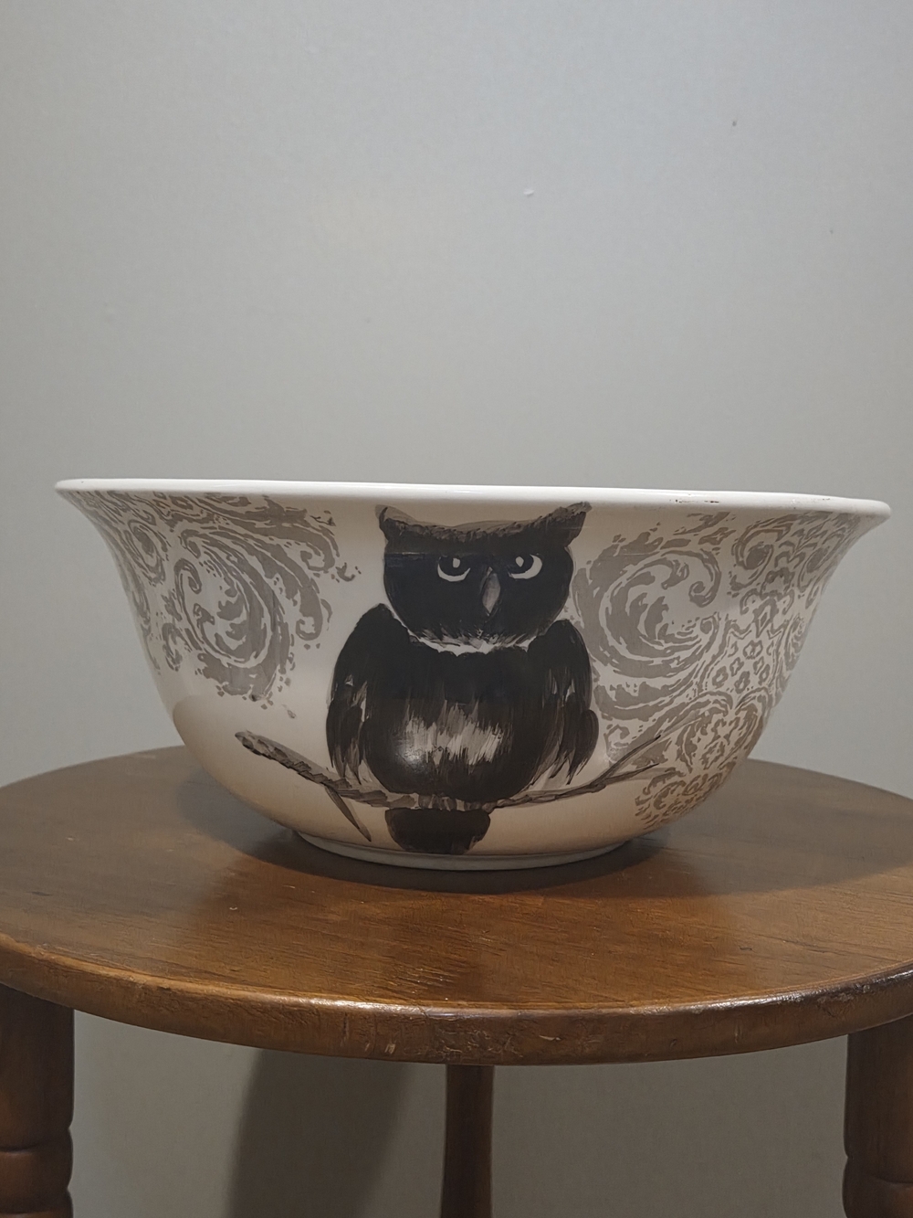 Hand-Painted Black and Light Cream Owl Ceramic Bowl